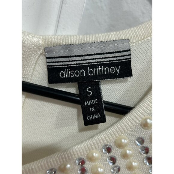 Allison Brittney White Short Sleeve Knit Dress Rhinestone Pearl Embellished Neck - Picture 5 of 8